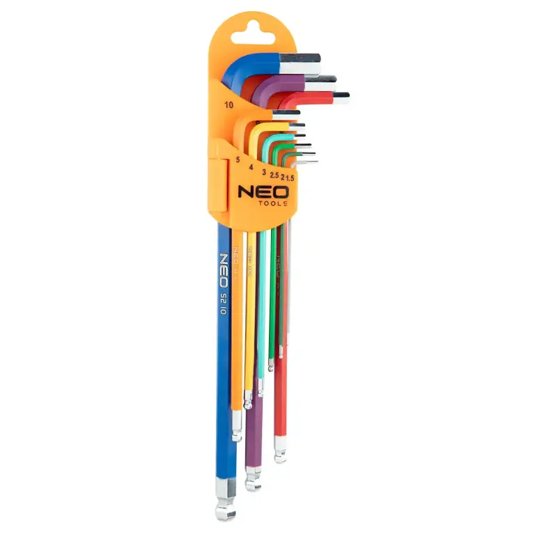 NEO Innensechskantschlüssel-Set – 9-teilig – 1,5–10 mm – Lang – Kugelkopf – Farbcodiert