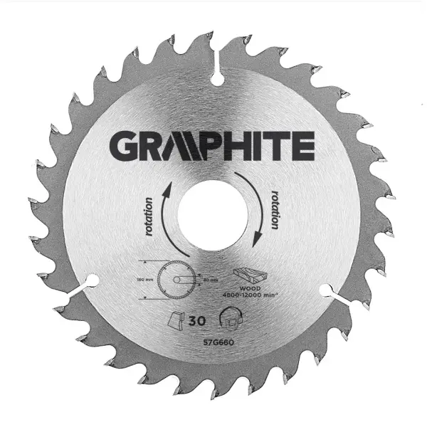 GRAPHITE Kreissägeblatt mit Hartmetallzähnen – 160 × 30 mm – 30 Zähne – inkl. Reduzierringe