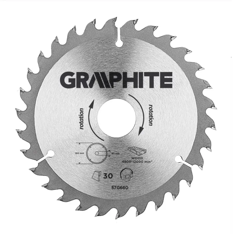 GRAPHITE Kreissägeblatt mit Hartmetallzähnen – 160 × 30 mm – 30 Zähne – inkl. Reduzierringe