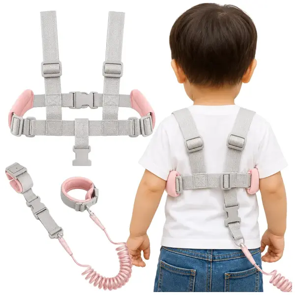 Verstellbares Kinder-Sicherheitsgeschirr mit elastischer Leine und Handgelenkschlaufe – Grau/Rosa